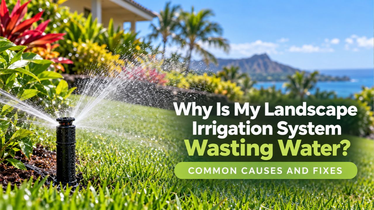 Landscape irrigation sprinkler watering a tropical lawn in Hawaii, illustrating common causes of water waste.